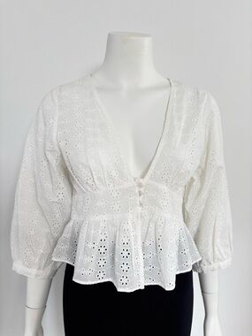 Zara White Eyelet Peplum Blouse